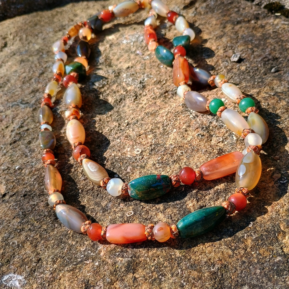 RaRE, VtG / AnT x-long 58" art deco agate gemstone Necklace, 1930s Deco, MCM